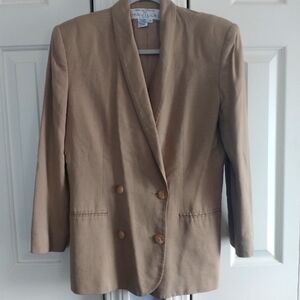 Rena Rowan for Saville Petite Tan Linen Blend Vintage Double Breasted Blazer 8P